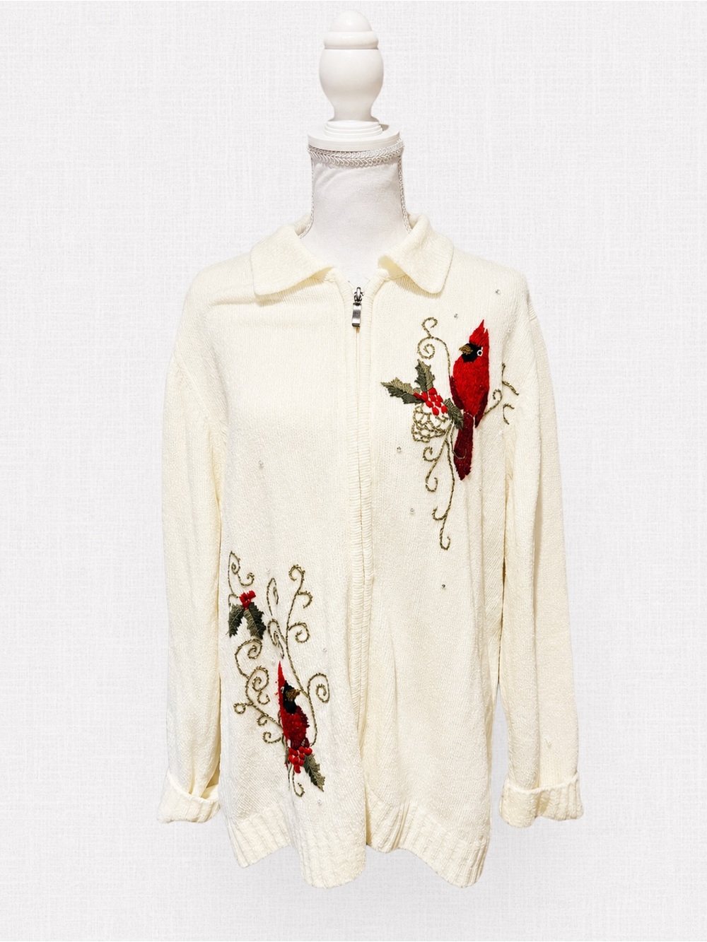 Vintage ALIA Cardinal Christmas Sweater Cardigan Embroidered Ivory Size L